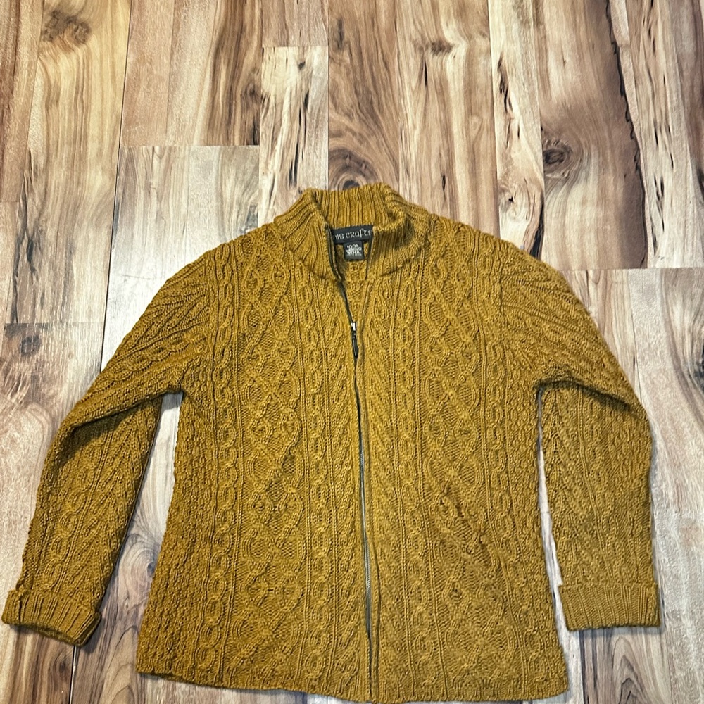 Inis Crafts Women’s 100% Merino Wool Irish Cable Knit Zip Sweater Mustard - Picture 2 of 10